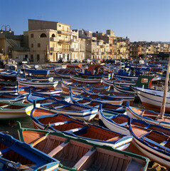 Fototapeta na wymiar Fishing boats pulled up on the harbour, Aspra, near Palermo, Sicily, Italy, Europe