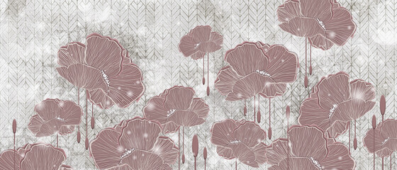 drawn art 3D poppies on a textured background, wallpaper in the room