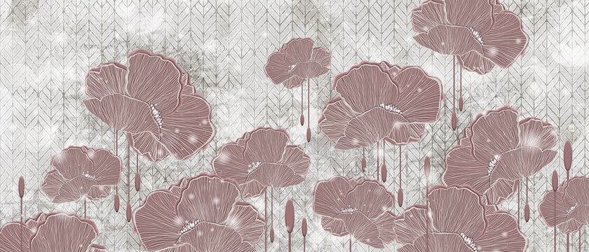 drawn art 3D poppies on a textured background, wallpaper in the room © Виктория Лысенко