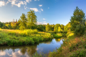 Autumn scenery of river in the forest. Bright light from sunset on the river. Yellow grass on river banks. 