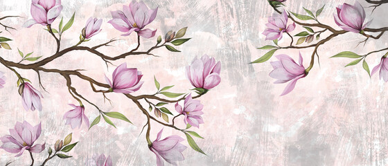 
magnolia branches on a textured background all on a light background, wall murals in a room or home interior - obrazy, fototapety, plakaty