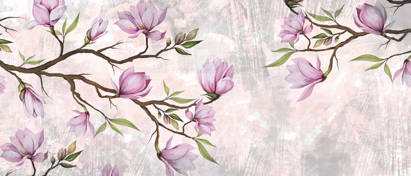 
magnolia branches on a textured background all on a light background, wall murals in a room or home interior