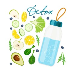 Detox text with water bottle and healthy food, fruits, vegetables, greens. Drink more water and eat more fruits and vegetables. Healthy lifestyle vector flat concept.