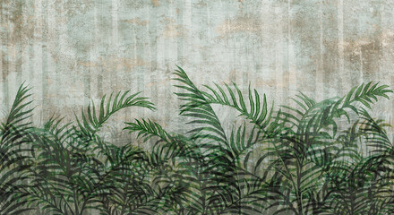 photo wallpaper in the interior of the room fern leaves with contour elements