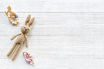 Plush toy rabbit for newborn baby - background for baby shower