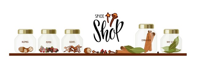 Spice shop text and spice set. Collection of jars on shelf. Set of different varieties of spices. Organic product flat vector. Flavor cooking ingredient. Spicy hot condiment for cooking.