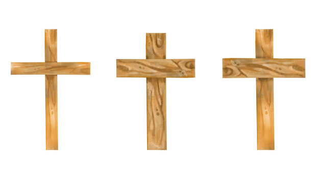 Watercolor religion christianity wooden timber easter crosses for decoration. Symbol of pain, belief and rebirth. Ink hand drawn art