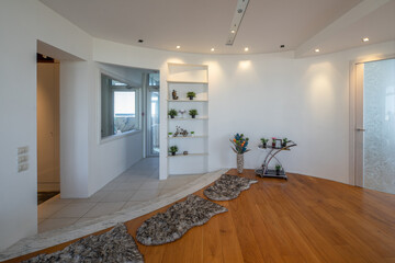 Modern interior. Fur rug. Wooden floor. Flowers on shelves.