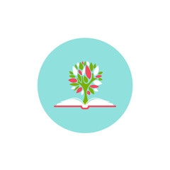 red open book with green tree. Flat icon isolated on powder blue background. Reading icon.