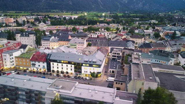 LIENZ, AUSTRIA - SEPTEMBER 3, 2021: Aerial view of city skyline from a drone at night