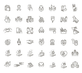 Charity, donation and volunteering icon set in thin line style