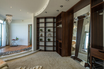 Modern interior of luxury apartment. Wooden wardrobe. Home decor.