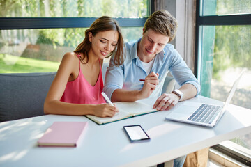 Caucasian man and woman discussing web content while e learning in coworking, skilled hipster guys writing text ideas sitting at table desktop with laptop and blank smartphone with copy space