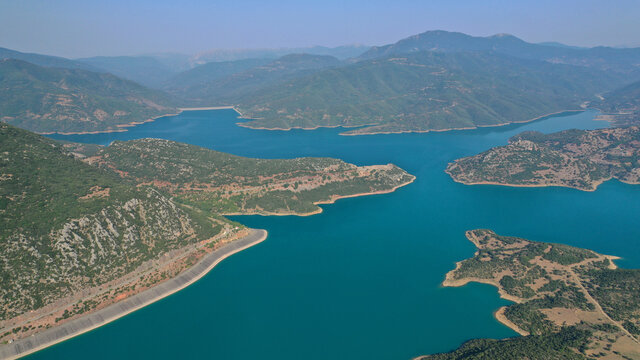 Aerial Drone Photo Of Huge Fjord Looking Lake Of Mornos A Clear Water Supply For Attica Region, Fokida Prefecture, Greece