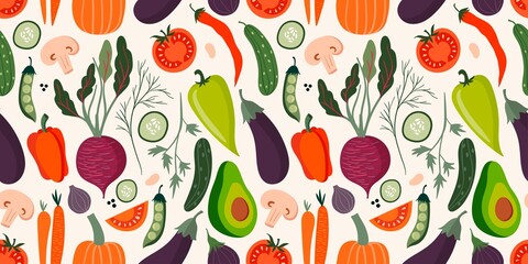 Vegetables seamless pattern with different elements - obrazy, fototapety, plakaty