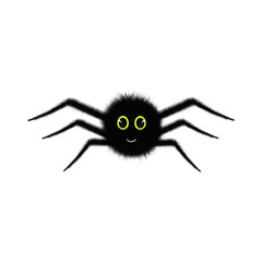 Cartoon black spider yellow and black eyes with its fine fur and white striped background