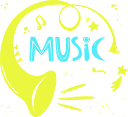 Fototapeta premium Vector illustration with a pipe and an inscription. A hand-drawn concept for banners and postcards. a picture for books, an album. children's bright illustration. star. musical instrument