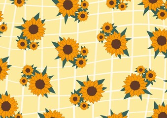 Pattern of bright orange sunflowers on a yellow checkered background. Bright summer print.