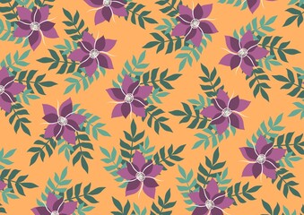 Pattern of flowers in purple on an orange background. Summer bright print of botanical flowers