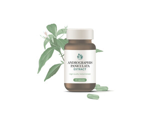 Product mockup template design, Andrographis paniculata plant with brown glass bottle and capsules