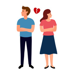 Broken heart concept vector illustration. Angry man and woman with red broken heart in flat design. Bad Valentine&rsquo;s Day. Breakup or divorced couple.