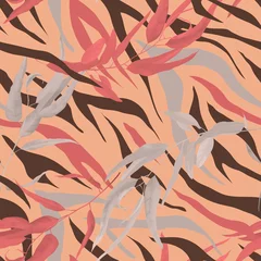 Poster Im Rahmen Foliage seamless pattern, eucalyptus leaves with animal skin in warm tone © momosama