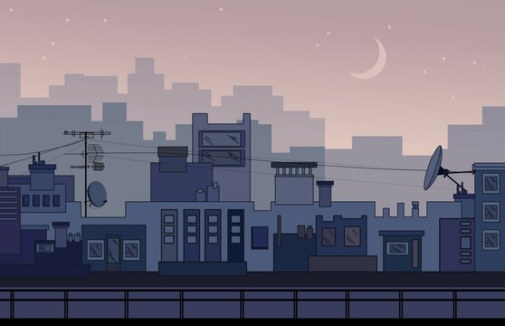 night city landscape, city at night, buildings in the city, background moon and houses, stylization of houses and buildings in blue and pink colors, high-rise buildings, multi-storey house at sunset