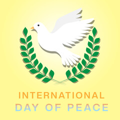 Obraz premium Peace dove with olive laurel wreath for International Peace Day poster, banner, flyer, template