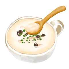 水彩イラスト　キノコのクリームスープ(クラムチャウダー)と木のスプーン
