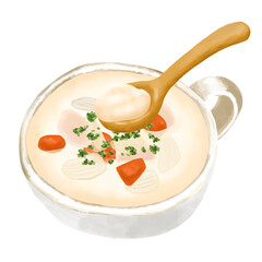 水彩イラスト　チキンクリームスープ(クラムチャウダー)と木のスプーン
