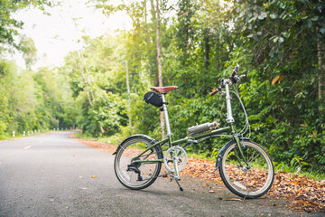 Green bicycle on the road. a green bicycle that someone parked in the forest.  The bicycle concept of a healthy lifestyle and outdoor activities.