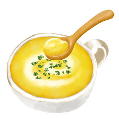 水彩イラスト　コーンスープ(コーンポタージュ)と木のスプーン
