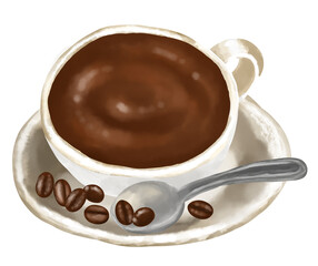 水彩イラスト　コーヒーカップとコーヒー豆
