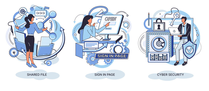 High technology concept metaphors. Header for website. Shared file, sign in page, cyber sequrity. Information communication banners set. Modern digital innovations in cyberworld. Creative metaphor