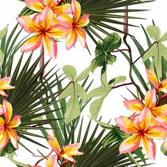 Bright seamless pattern with tropical orange flowers and leaves. Realistic style, hand drawn. Background for prints, fabric, invitation cards, wedding decoration, wallpapers.