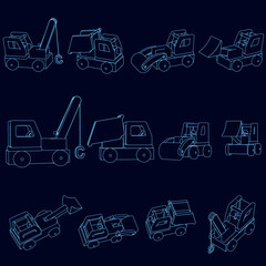 Set with contour toy industrial toy cars in different positions from blue lines on a dark background. Excavator, bulldozer, dump truck, crane. Vector illustration