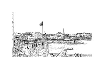 Building view with landmark of La Rochelle is the 
city in France. Hand drawn sketch illustration in vector.