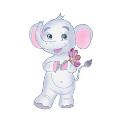 Cute watercolor elephant in a cartoon style