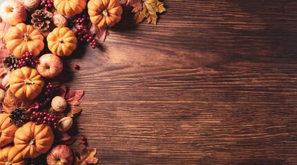 Autumn composition. Pumpkin, cotton flowers and autumn leaves on dark wooden background. Flat lay, top view with vintage style.