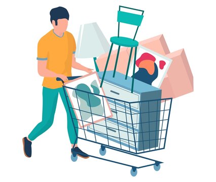 Man with shopping cart full of home furniture items, vector illustration. Furniture purchase, sale concept.