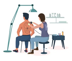 Man getting human skull tattoo on his back in studio, vector illustration. Tattoo salon, shop business, tattooing art.