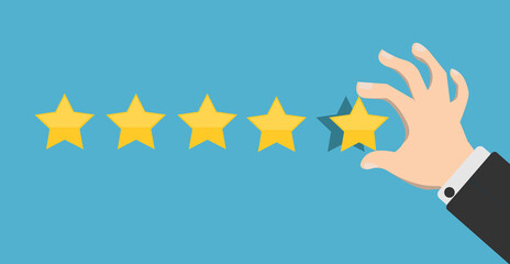 Hand putting five gold stars on blue background. Five stars quality rating icon. Feedbak stars. Hand giving five star rating. Customer review. Feedback concept. Vector stock.