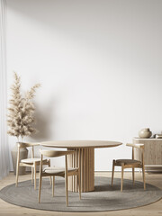 White interior with dining table, chairs and decor. 3d render illustration mockup.