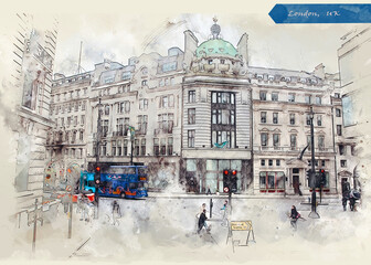 city life of London in sketch style