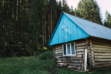 Alone wooden house with blue roof on the green meadow among the forest in the afternoon