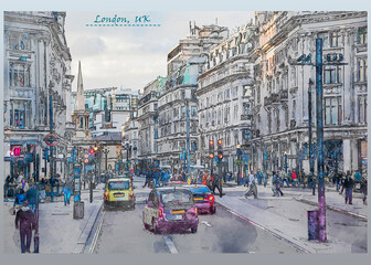 city life of London in watercolor sketch style