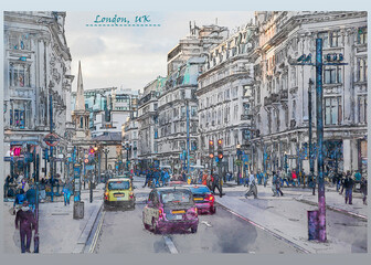 Fototapeta premium city life of London in watercolor sketch style