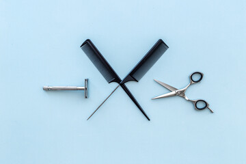 Barber tools with hairdressing scissors and combs