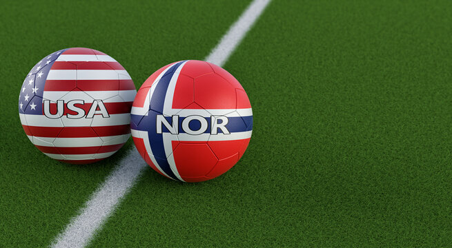Norway vs. USA Soccer Match - Leather balls in Norway and USA national colors. 3D Rendering 