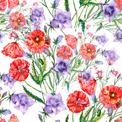 Meadow flowers poppy with bluebell painted in watercolor. Seamless pattern on white background. Illustration for decoration.